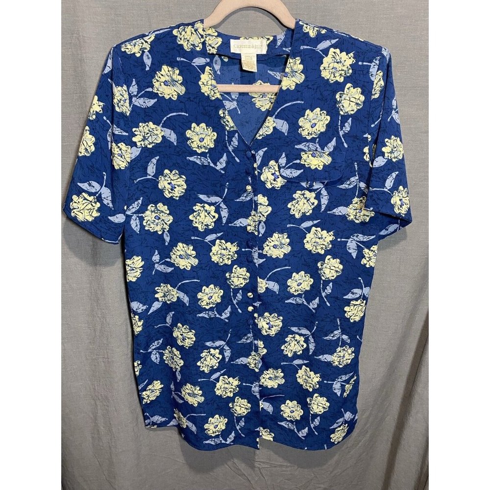Christie And Jill Shirt Womens Small Blue Floral Button-Up Short Sleeve Top.
